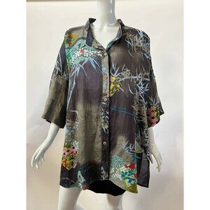 Citron Bohemian Kimono Shirt With Artistic Floral Print & Button Closure Sz 1X